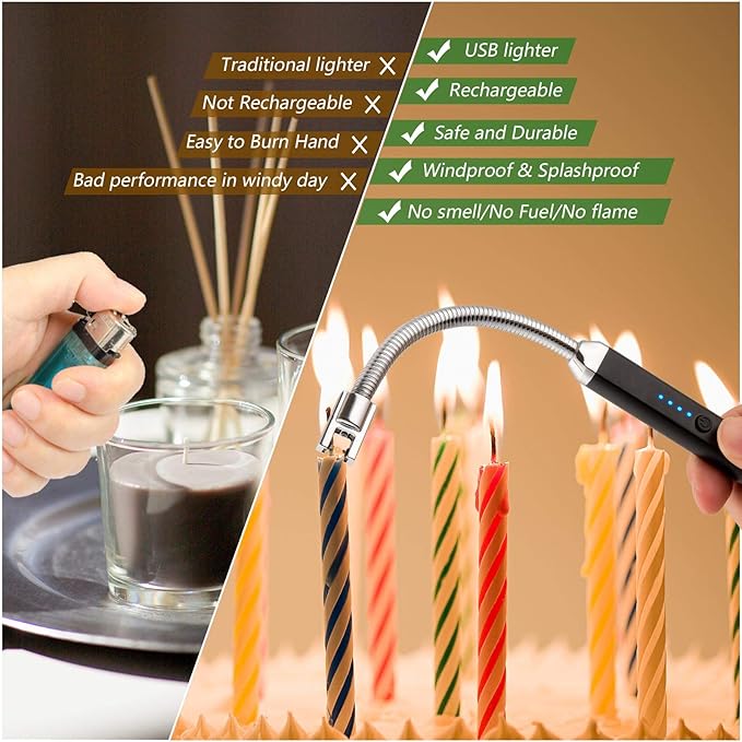MEIRUBY Electric Candle Lighter, Birthday Christmas Stocking Stuffers Gifts for Women Mom Men Wife Sister, USB Arc Rechargeable Windproof Long Lighter for Candle BBQ Housewarming Gift Idals