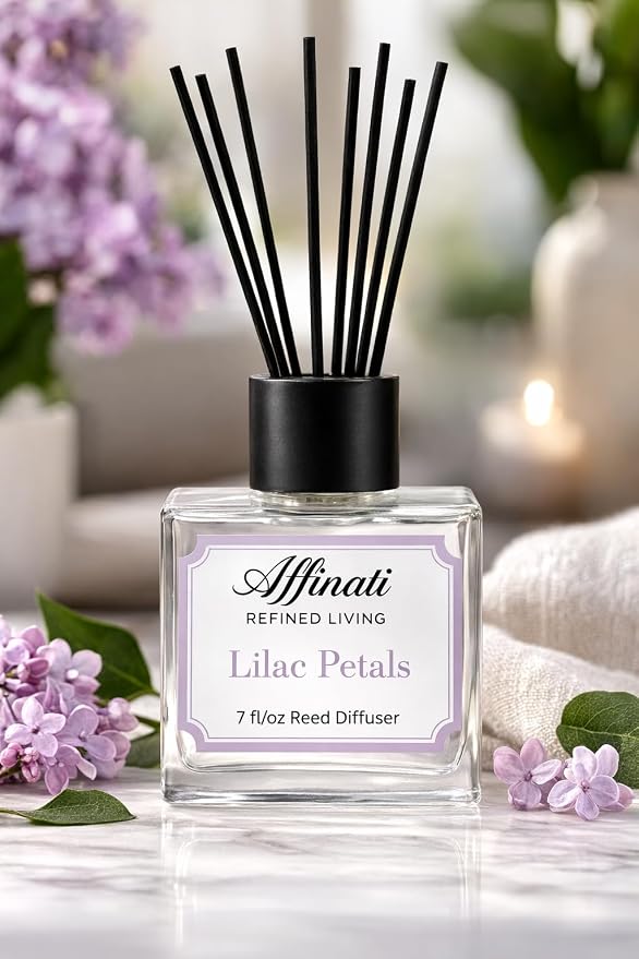 Affinati Lilac Petals Reed Diffuser – 7.0 fl oz Home Fragrance Diffuser with 8 Reeds – Long Lasting Flame Free Room Fragrance for Bedroom, Bathroom, Office & Living Room