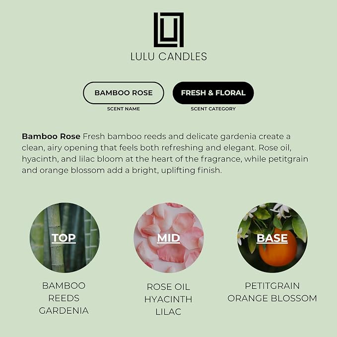 Lulu Candles | Bamboo Rose | Highly Scented Candles for Home - Soy Blend Jar Candle with 100% Cotton Wick - Slow Burning (9 Oz.)