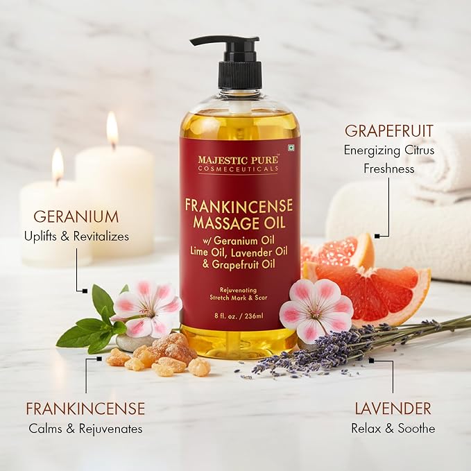 MAJESTIC PURE Frankincense Scar & Stretch Massage Oil for Massage Therapy- Refreshing and Relaxing- Natural Oils with Frankincense Essential Oil- All Skin Types- Men and Women Massage Lotion- 8 fl oz