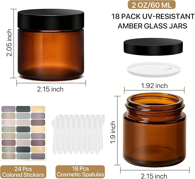 2OZ Amber Jars with Lids, 18 PCS Amber Small Glass Jars with Black Lids – Complete DIY Kit with 18 Spatulas & 24 Colorful Labels – Perfect for Homemade Creams, Lotions, Candles, Travel & Gift Sets