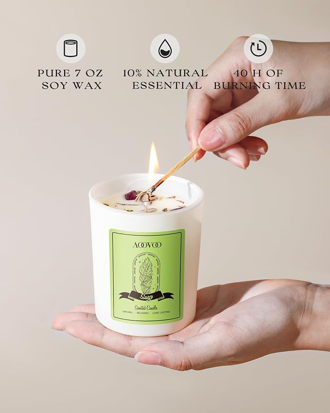 AOOVOO Sage Scented Candles for Women - Aromatherapy Candle with Crystals Inside, 7oz Soy Candles for Home Scented, Mothers Day Birthday Gifts Mothers Day Candle for Women Mom