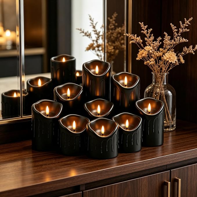 Nimiko Flameless Candles with Remote, Battery Operated Flickering Flameless Candles, LED Candles with Timer 2/4/6/8H, Realistic Drop Wax flameless Candle Set of 9 (D3 x H 3" 4" 5" 6" 7") (Black)