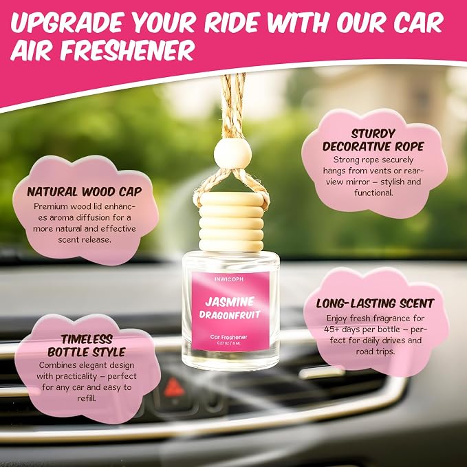 Premium Car Air Freshener Diffuser Set (2 Pack) - Jasmine Dragonfruit Fragrance Oil, 45+ Day Long-Lasting Hanging Auto Freshener
