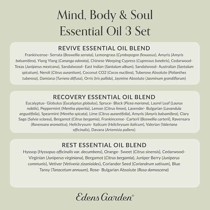 Edens Garden Mind, Body & Soul Essential Oil 3 Set – 100% Pure Therapeutic Grade, Undiluted Aromatherapy- Revive, Recovery, Rest Blends– for Natural Wellness, Humidifiers & Diffusers, 10 ml/ 3 Pack