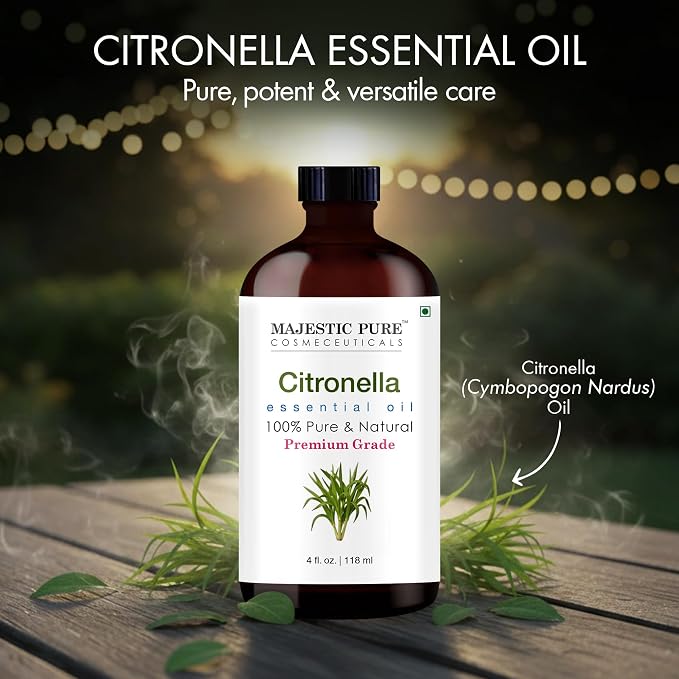 Majestic Pure Essential Oil with Glass Dropper - 100% Pure and Natural - Essential Oils for Diffuser, Aromatherapy, Soap and Candle Making, Citronella Essential Oil, Citronella Oil, 4 Fl Oz