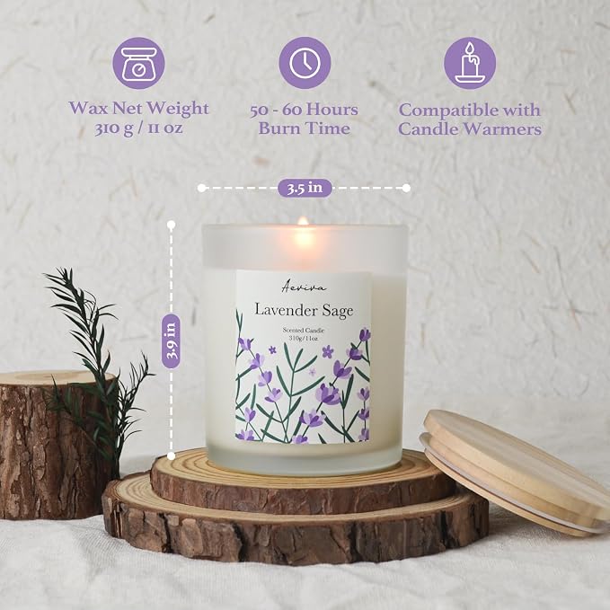 Lavender Sage Scented Candle, 11oz 60 Hour Burn, Natural Soy Wax with Thick Cotton Wick, Highly Scented Aromatherapy Candle for Stress Relief & Meditation, Gifts for Women & Men