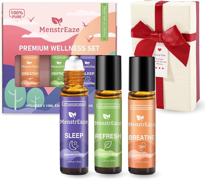 Therapeutic Grade Essential Oils Roll-On Set with Gift Box (Refresh, Breathe, Sleep), Natural Energy Boost, Head Comfort, Deep Relaxation, Sleep Support, Clear Breathing, Self-Care Gift, 3x10ml