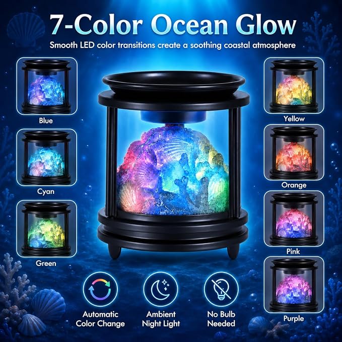 Wax Melt Warmer Electric, Scentsy Wax Warmer with 7 Color Fading Glow Wax Melter for Scented Wax, Colorful Coral Candle Burners for Wax Melts, 4-in-1 Oil Burner for Home Bedroom Decor