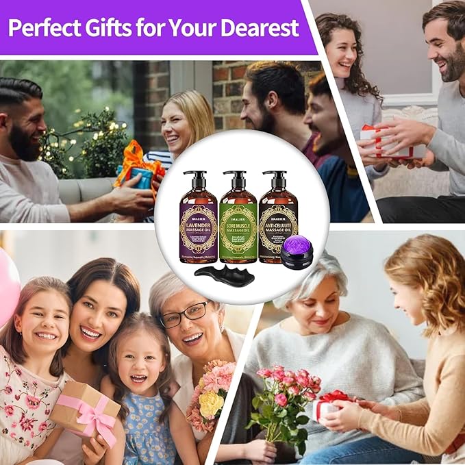 Massage Oil for Massage Therapy,3 Pack Cellulite Massage Oil,Sore Muscle Arnica Oil & Lavender Massage Body Oil with Massage Ball & Thumb Saver Tool,Mens Gifts,Birthday Gifts for Women and Men