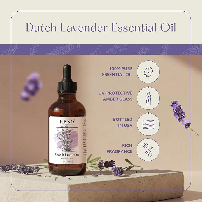 HBNO California Bottled Dutch Lavender Essential Oil 4 fl oz (120ml) - Natural Lavender Oil for Skin, Perfect for Cleaning, Aromatherapy, DIY & Diffuser