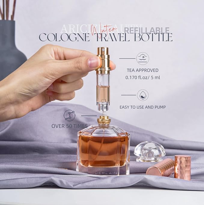 Travel Refillable Perfume Atomizer 0.17fl.oz/5ml. Cologne Pocket Recyclable Portable Sprayer Bottle. Mini Scent Pump Case Dispenser Perfume Container (ROSE+GREY)