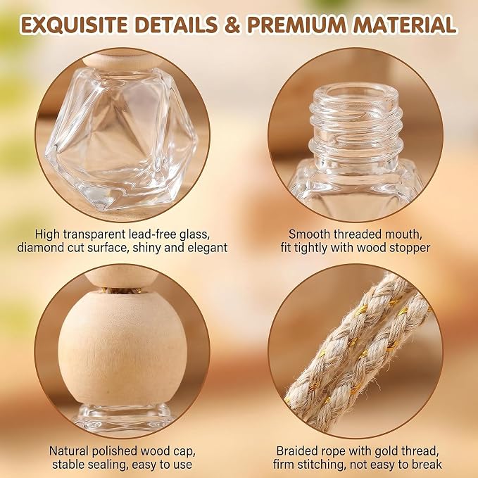 10 Pcs 8ml/0.27oz Hanging Car Air Freshener Bottles, Empty Clear Glass Diffuser Vials with Natural Wood Cap & Adjustable Rope, Refillable Car Perfume Pendant for Aromatherapy Fragrance Home Office