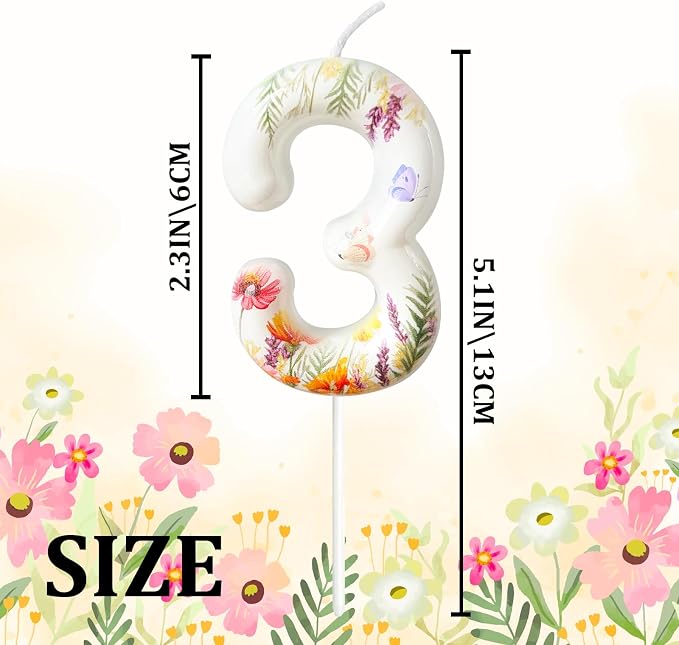 Number 3 Birthday Candle for Cake – Floral Botanical Design with Butterfly Detail – Elegant Cake Topper for Birthday, Garden Party Decoration