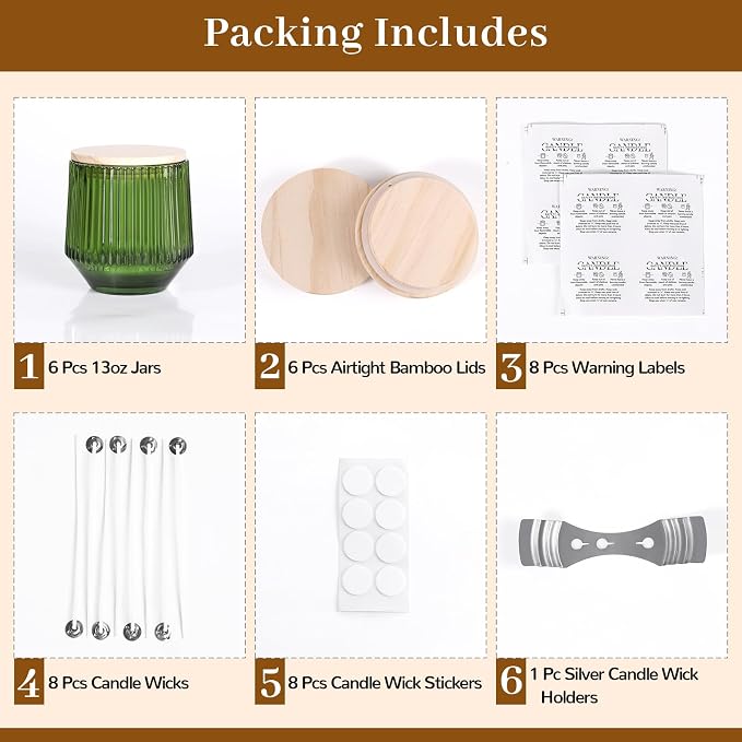simeitol 13 OZ Candle Jar for Making Candles - 6 Pack Green Candle Jars, Ribbed Glass Candle Jars Bulk, with Bamboo Lids and Candle Wick Kit, Candle Making Kit for Making Candle Containers