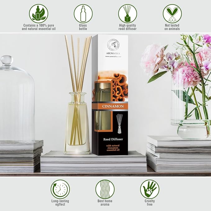 Reed Diffuser Cinnamon 3.4 Fl Oz(100ml) - Room Diffuser with Cinnamon Essential Oil - Home Fragrance - Aromatherapy Air Freshener - Oil Diffuser - Scented - Cinnamon Aroma