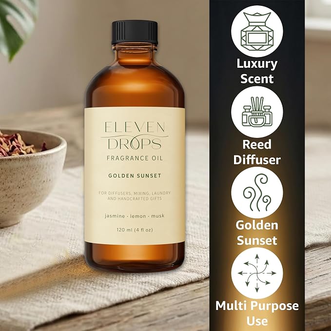 Golden Sunset Fragrance Oil | Jasmine, Lemon & Musk Notes | Long Lasting Scent Reed Diffuser Oil for Home, Office, Hotel, Spa, Car & Linen Spray | Pet Friendly IFRA Compliant, 4 oz