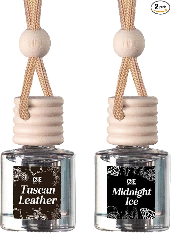 C&E Craft Co Hanging Car Air Freshener Diffuser 2 Pack, Long Lasting Fragrance Oil Car Freshener, Glass Bottle Auto Air Freshener, Made in USA (Tuscan Leather & Midnight Ice)