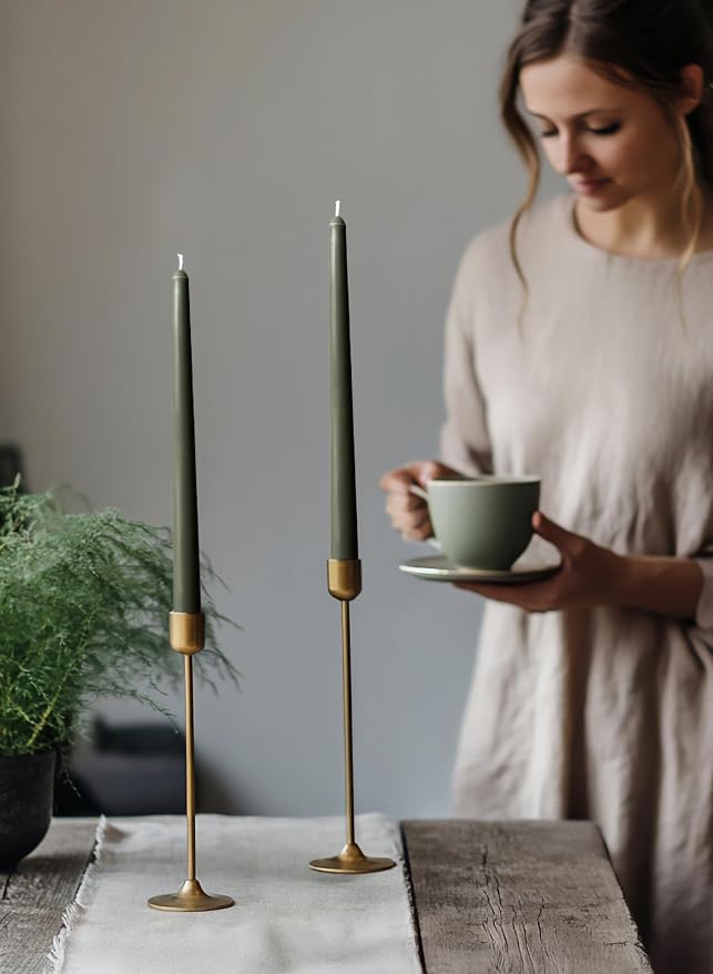 6 PK 10" Classic Taper Candles, Dark Moss Green, 7-8 Hours Long Burning, Unscented Tall Candlesticks