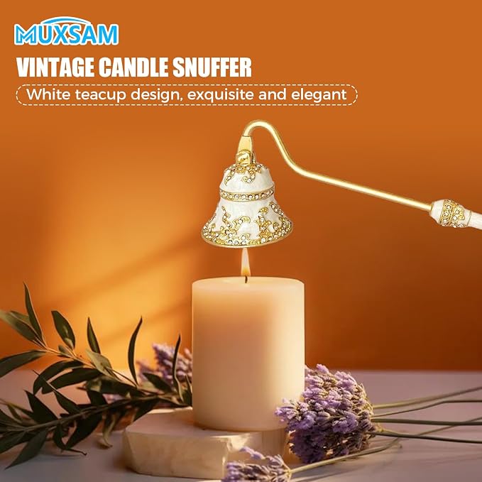 MUXSAM Vintage Candle Snuffer, Handheld Candle Extinguisher with Long Handle Wick Flame Snuffer Metal Candle Accessory for Home Decoration, White Teacup