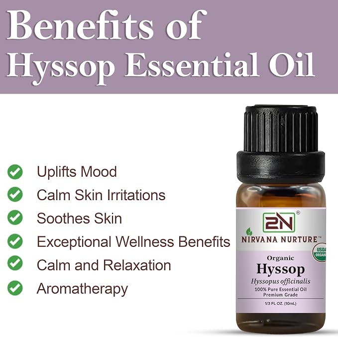 Hyssop Essential Oil, USDA Certified Organic, 100% Pure Undiluted, Aromatherapy Oil for Diffuser, Hair & Skin Care