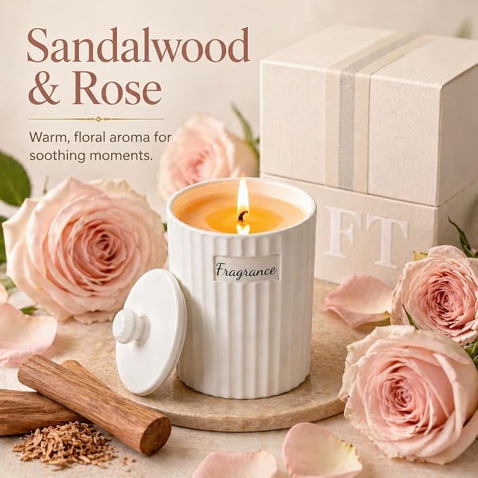 Viyffo 6.35oz Scented Candle – Sandalwood & Rose, Non Toxic Soy Candles for Women, White Matte Ceramic Jar with Lid, Luxury Home Fragrance, Elegant Room Decor & Premium Birthday Gift