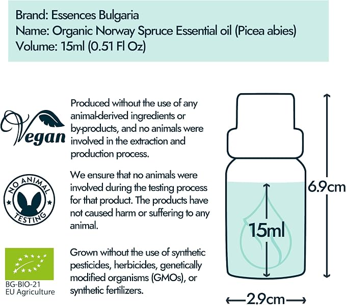 Essences Bulgaria Organic Spruce Essential Oil 0.51 Fl Oz | 15ml | Picea Abies | 100% Pure | Natural | Undiluted | Therapeutic Grade | Aromatherapy | Cosmetics | Cruelty Free | Non-GMO | Vegan