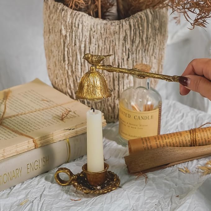 NIKKY HOME Gold Floral Candle Snuffer with Long Handle, Vintage Elegant Candle Extinguisher with Bird, Decorative Metal Wick Flame Snuffer Candle Accessory
