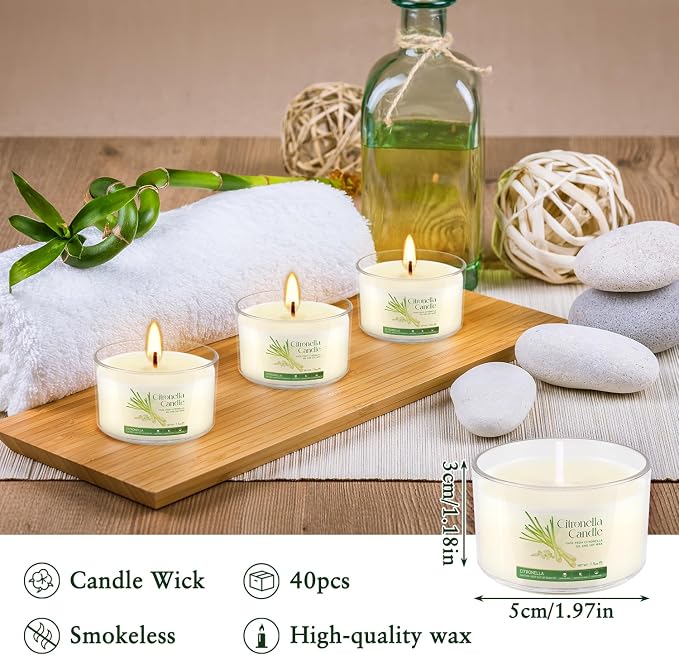 40-Pack Citronella Scented Tealight Candles -Outdoor Candles Natural Soy Wax Candle Bulk, Smokeless & Long-Lasting for Yard, Picnic, Camping Outdoor Comfort.