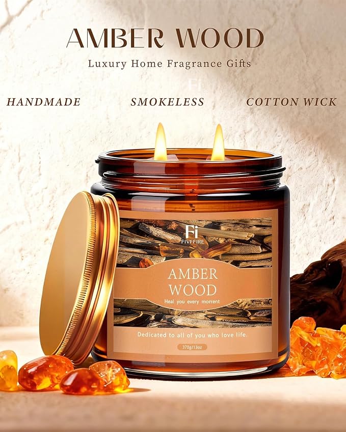 Amberwood Scented Candle, 13 oz Soy Wax Candle with Cotton Wick, 76-Hour Clean Burning, Non-Toxic Woodsy Scent for Relaxation & Focus, Aromatherapy Candle, Housewarming Gift