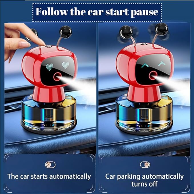 Robot Intelligent Aromatherapy Machine, Smart Cute Robot Car Air Freshener - Fine Spray/Fillable/Four-Gear Adjustment/Vibration Sensing/On-Off/Large Capacity Long-Lasting Fragrance/Red-V2(Hilton)