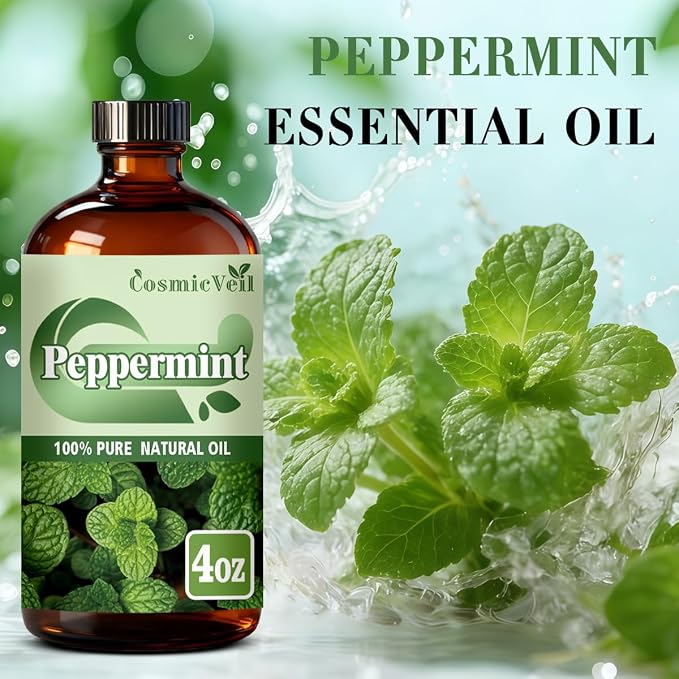 Peppermint Essential Oil Peppermint Oil for Aroma Diffuser,Humidifier,Home Fragrance,Cleaning,Body Care,Massage,Yoga,DIY Candle,DIY Soap CosmicVeil（Peppermint，4 Fl Oz (Pack of 1)）
