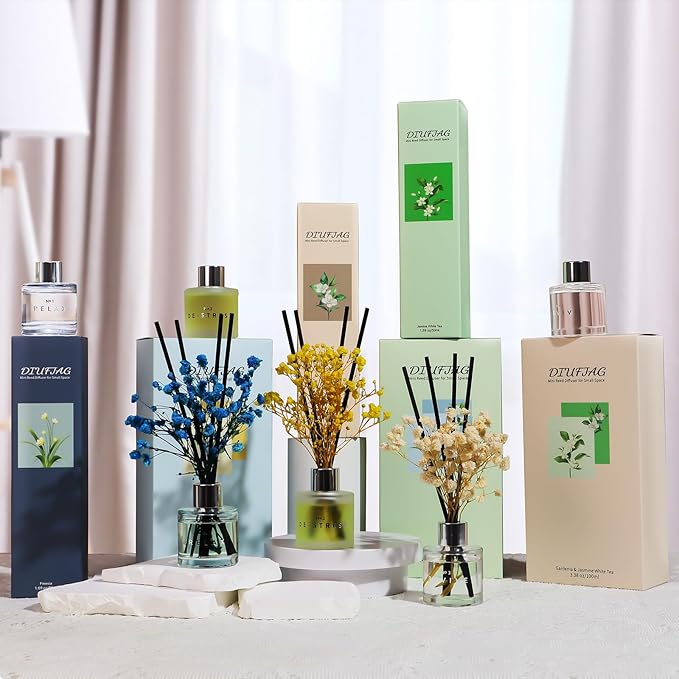 Jasmine White Tea Scent Diffuser, 1.7 oz Reed Diffuser with Dried Flower for Bathroom Small Place, Last up to 30 Days
