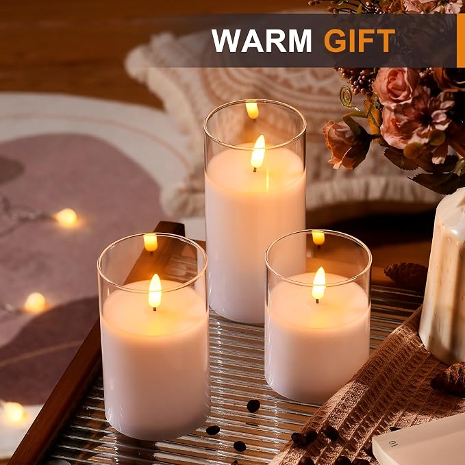 Tyawon Glass Battery Operated LED Flameless Candles with Remote and Timer, Real Wax Candles Warm Color Flickering Light for Festival Wedding Home Party Decor(Pack of 3)-White