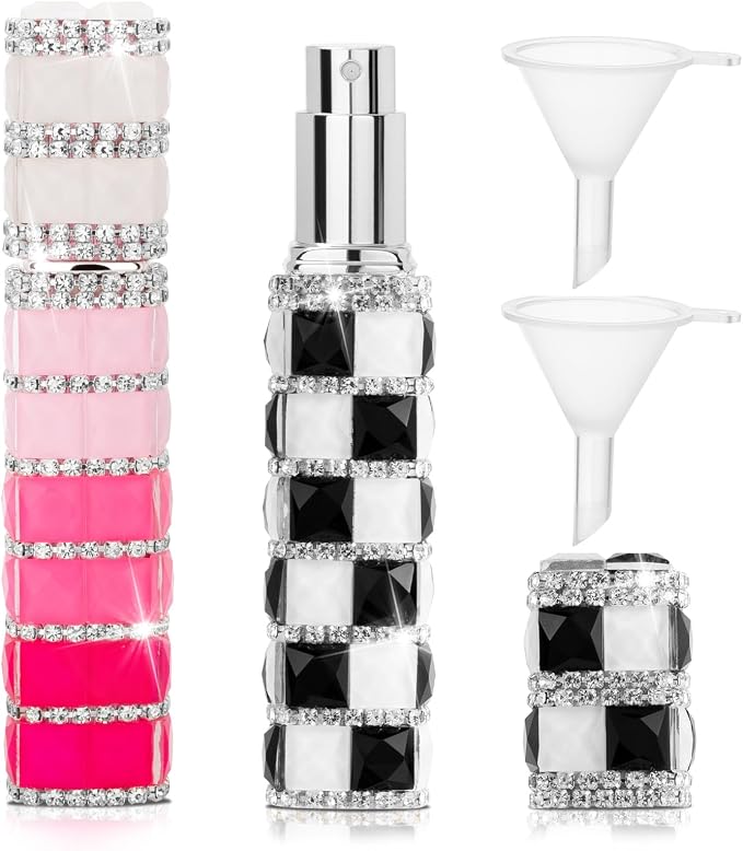 Travel Perfume Atomizer Refillable Bottle, 12ml Rhinestone Mini Perfume Bottles Empty Refillable Travel Atomizer Sprayer with Funnel (2Pcs-Black White+Pink White)