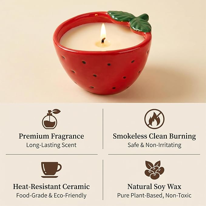 Strawberry Scented Candle – 4.23 oz (120g) Natural Soy Wax, 30-Hour Clean Burn, Strawberry-Shaped Ceramic Jar, Home Fragrance & Thoughtful Gift for Home (Red)