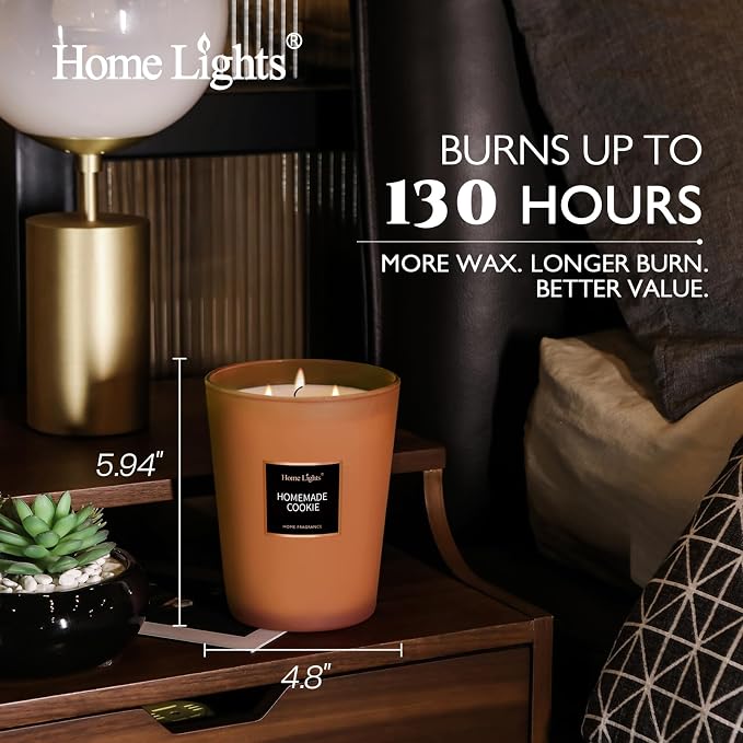 HomeLights Scented Candles, Large Jar Aromatherapy, Natural Soy Wax, 130 Hours Long Burning Gift, Homemade Cookie