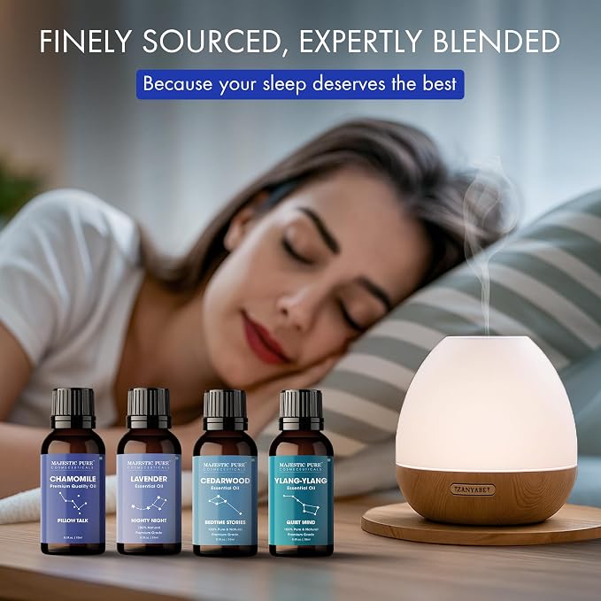 Majestic Pure, Restful Night Essential Oil Gift Set | 100% Pure & Natural Set for Soothing Nighttime and Self-Care Rituals | Lavender, Ylang Ylang, Cedarwood, Chamomile - Pack of 4
