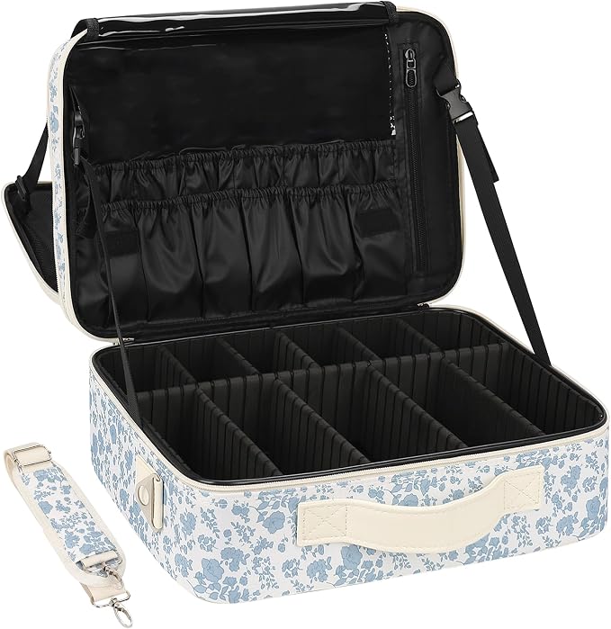 Relavel Large Makeup Bag, Floral Cosmetic Bag for Women, Professional Travel Train Case Portable Makeup Artist Bag Make Up Storage Organizer Box with Adjustable Dividers and Makeup Brush Compartment