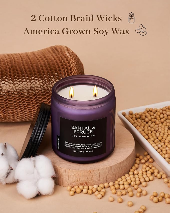 M&SENSE Santal Spruce Scented Candle, 11.6oz 70 Hours Burn Non Toxic Natural Soy Wax, 2 Cotton Wick Candle for Winter Holiday Housewarming Gifts for Family Friends Teachers