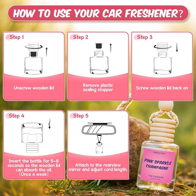 Premium Car Air Freshener Diffuser Set (2 Pack) - Pink Sparkle Champagne Fragrance Oil, 45+ Day Long-Lasting Hanging Auto Freshener