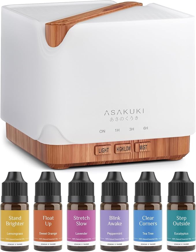ASAKUKI Essential Oil Diffuser for Home, Large 700 ml Aromatherapy Humidifier with Top 6 Essential Oil Sets, Automatic Shut-Off, 7 LED Lights for Living Room, Kitchen, Bedroom, Hotel - Yellow