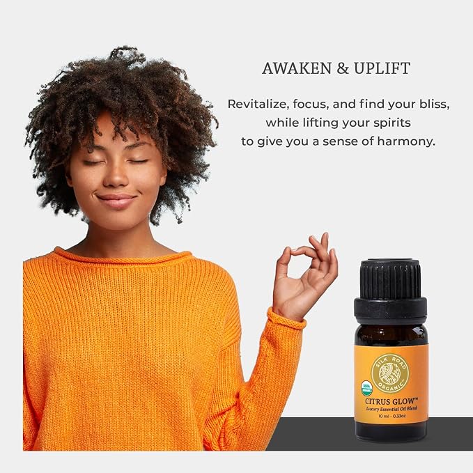 Silk Road Organic Citrus Glow Essential Oil Revive Blend for Stress, Energy & Focus | USDA Certified Citrus & Vanilla - 10 ml Dropper