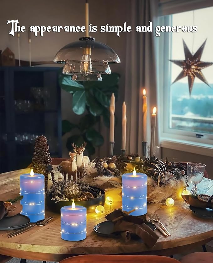 Upinmz Flickering Flameless Candles with Embedded String Lights, Battery Operated Candles with Remote Control and Timer,LED Candles for Home Decoration,Real Wax, 3 Pack Blue