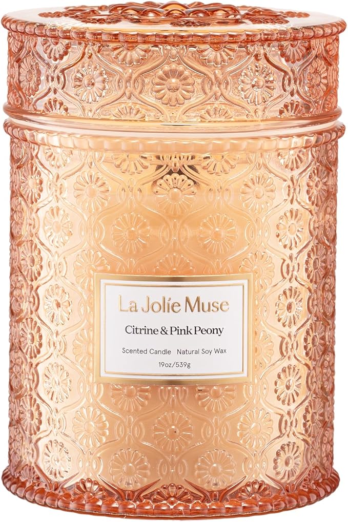 LA JOLIE MUSE Citrine Pink Peony Scented Candles for Home,19 oz Natural Soy | Large Jar Luxury Candle, Clean Non Toxic Wax, Gifts for Women, Decorative Candles for Candle Warmer, Wood Wick, Floral Citrus