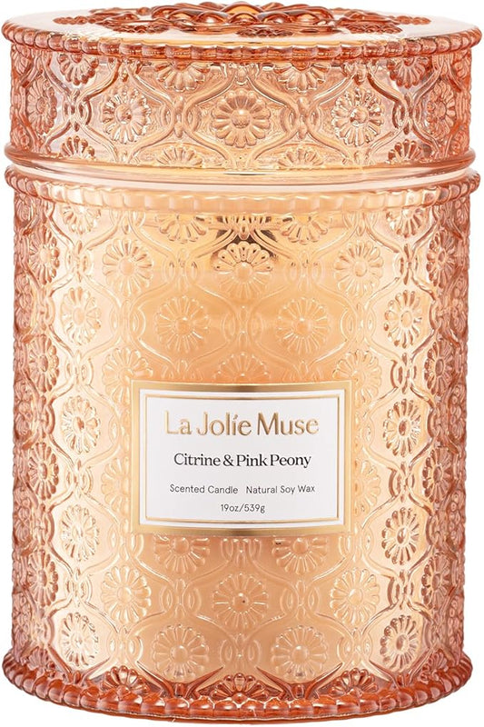 LA JOLIE MUSE Citrine Pink Peony Scented Candles for Home,19 oz Natural Soy | Large Jar Luxury Candle, Clean Non Toxic Wax, Gifts for Women, Decorative Candles for Candle Warmer, Wood Wick, Floral Citrus