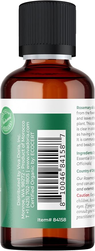 Viva Doria Rosemary Essential Oil, USDA Certified, Organic Rosemary Oil, 100% Pure, Natural Essential Oil, Undiluted, for Aromatherapy | Food Grade, 30 mL (1 Fluid Ounce)