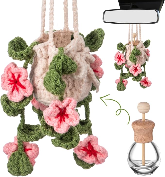 DaisyInner Cute Crochet Plant Car Freshener 12ml Empty Refillable Diffuser Bottle with Plants Hanging Accessories for Ornaments Charms Rearview Mirror Home Office Decor Women Gifts(Cherry Blossoms)
