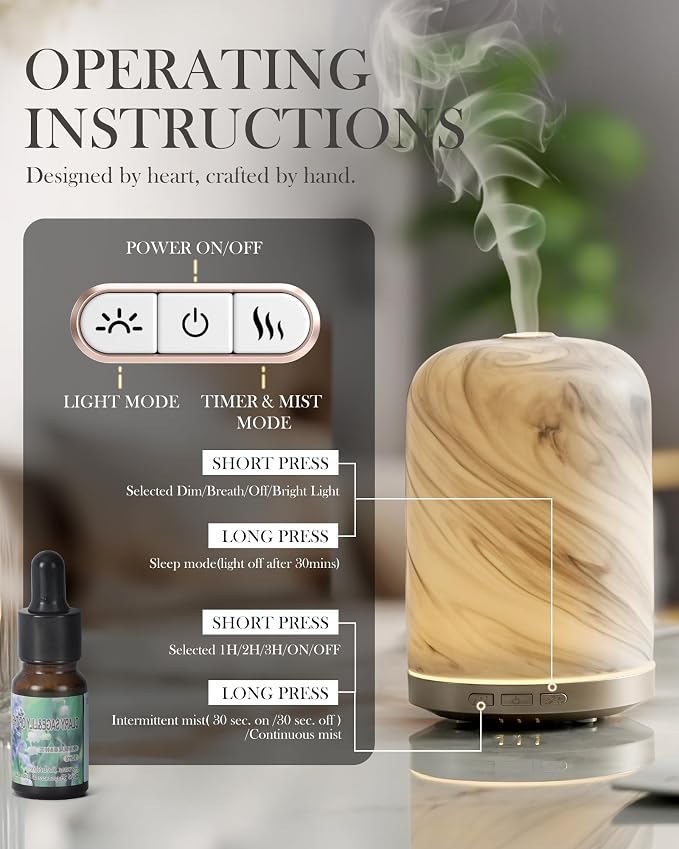Essential Oil Diffuser - 2.4MHz Ultrasonic Ceramic Diffuser with Pulse/Continuous Mist & Night Light, Waterless Auto-Off, Silent Aromatherapy Diffuser for Home, Office, Yoga, Spa, Gifts & Home Decor.