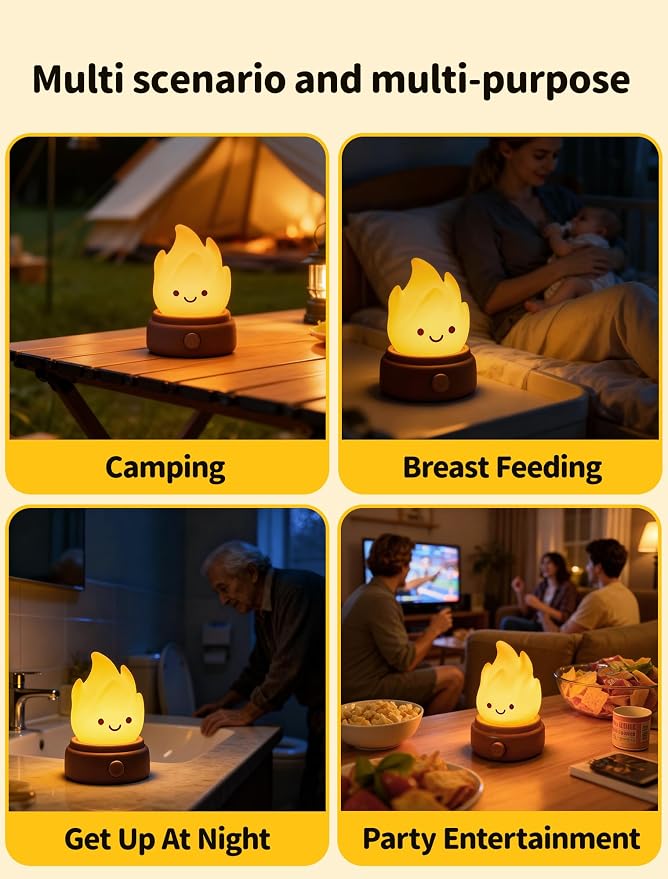 2026 Upgrade Campfire Night Light, Portable Flame Lamp with 6 White Noise, Flameless Candles Lamps for Indoor Outdoor, Rechargeable Silicone Ambiance Light for Kids Anime Fans Camping Nursery Decor